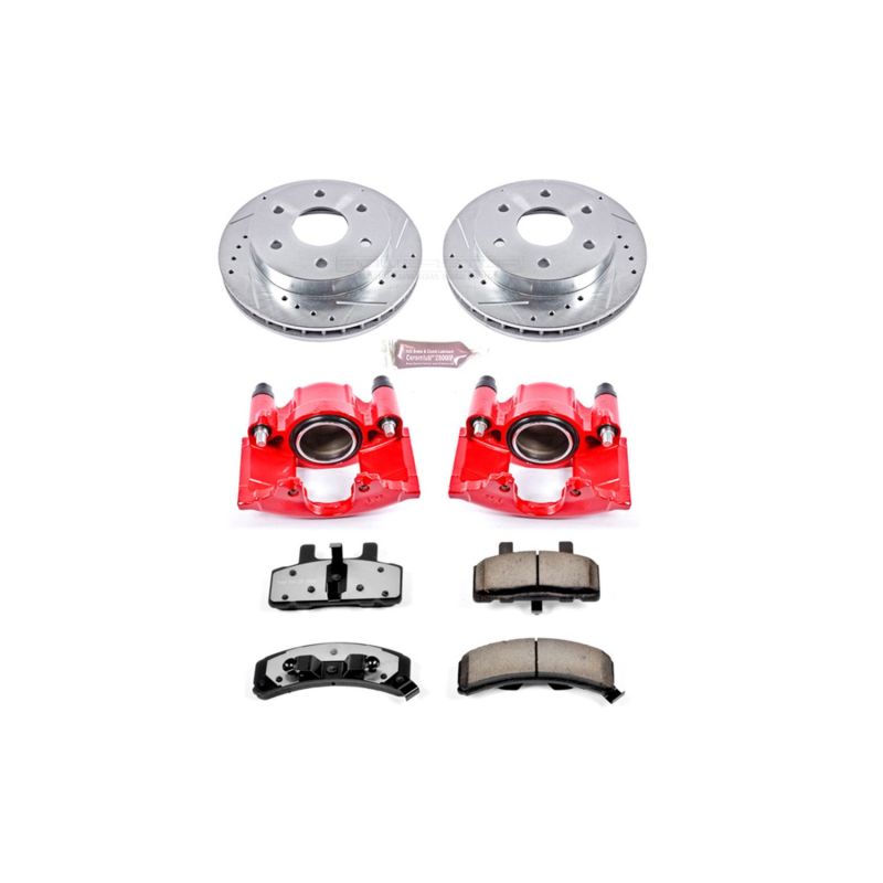 Cadillac Escalade Brake Kit - Front - PowerStop - Drilled & Slotted Rotors + Carbon-Fiber Ceramic Pads + Powder Coated Calipers - Red - `99-`00