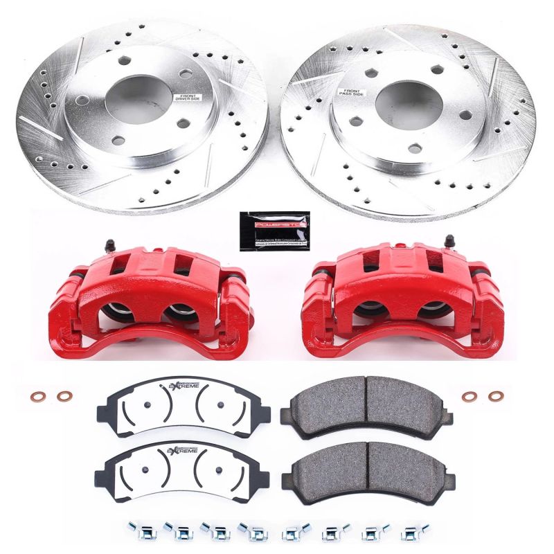 Chevrolet Blazer Brake Kit - Front - PowerStop - Z36 Truck and Tow - Drilled & Slotted Rotors + Carbon-Fiber Ceramic Pads + Powder Coated Calipers - Red - `97-`05