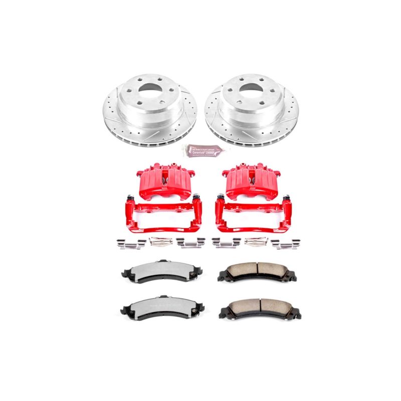 Cadillac Escalade Brake Kit - Rear - PowerStop - Drilled & Slotted Rotors + Carbon-Fiber Ceramic Pads + Powder Coated Calipers - Red - `02-`06
