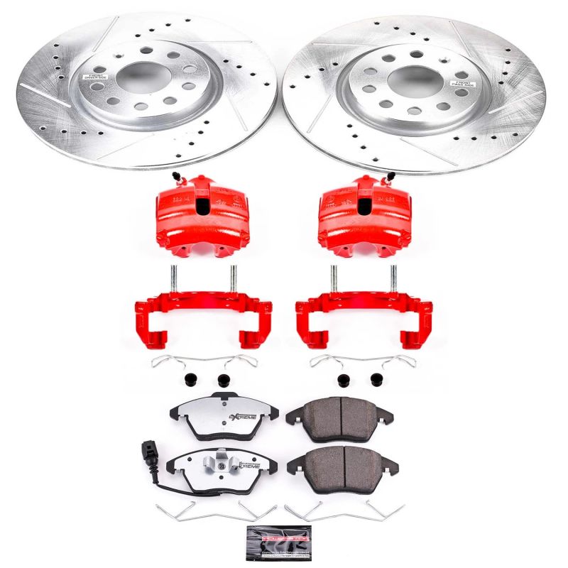 Audi A3 Brake Kit - Front - PowerStop - Z26 Street Warrior, Drilled & Slotted Rotors, Carbon-Fiber Ceramic Pads, Powder Coated Calipers - Red - `06-`09