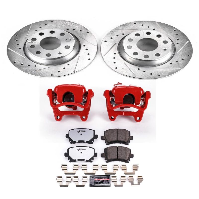 Audi A3 Brake Kit - Rear - PowerStop - Drilled & Slotted Rotors + Carbon-Fiber Ceramic Pads + Powder Coated Calipers - Red - `06-`08