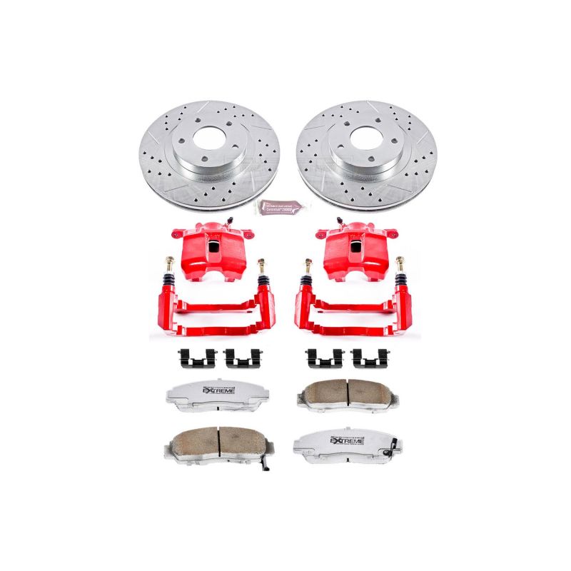 Acura RL Brake Kit - Front - PowerStop - Drilled & Slotted Rotors + Carbon-Fiber Ceramic Pads + Powder Coated Calipers - Red - `99-`04