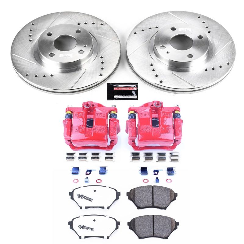 Mazda Miata Brake Kit - Front - PowerStop - Drilled & Slotted Rotors + Carbon-Fiber Ceramic Pads + Powder Coated Calipers - Red - `01-`05