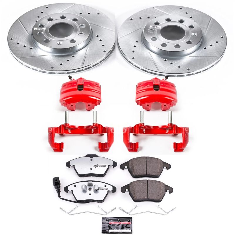 Audi A3 Brake Kit - Front - PowerStop - Drilled & Slotted Rotors + Carbon-Fiber Ceramic Pads + Powder Coated Calipers - Red - `10-`12