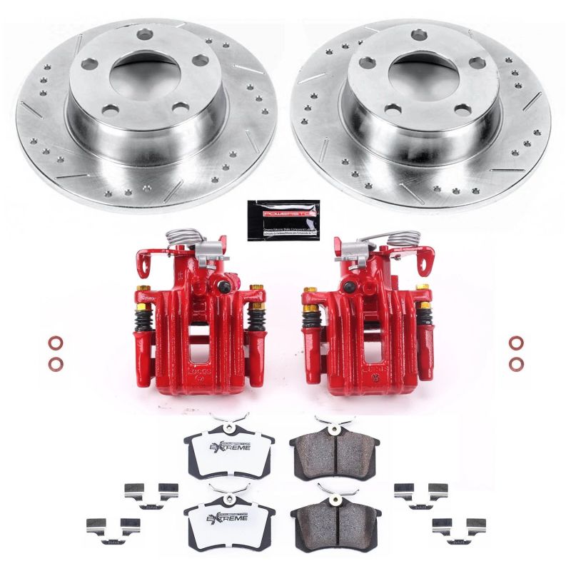 Audi A6 Quattro Brake Kit - Rear - PowerStop - Drilled & Slotted Rotors + Carbon-Fiber Ceramic Pads + Powder Coated Calipers - Red - `99-`04