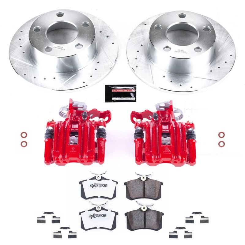 Audi A6 Brake Kit - Rear - PowerStop - Drilled & Slotted Rotors + Carbon-Fiber Ceramic Pads + Powder Coated Calipers - Red - `98-`04