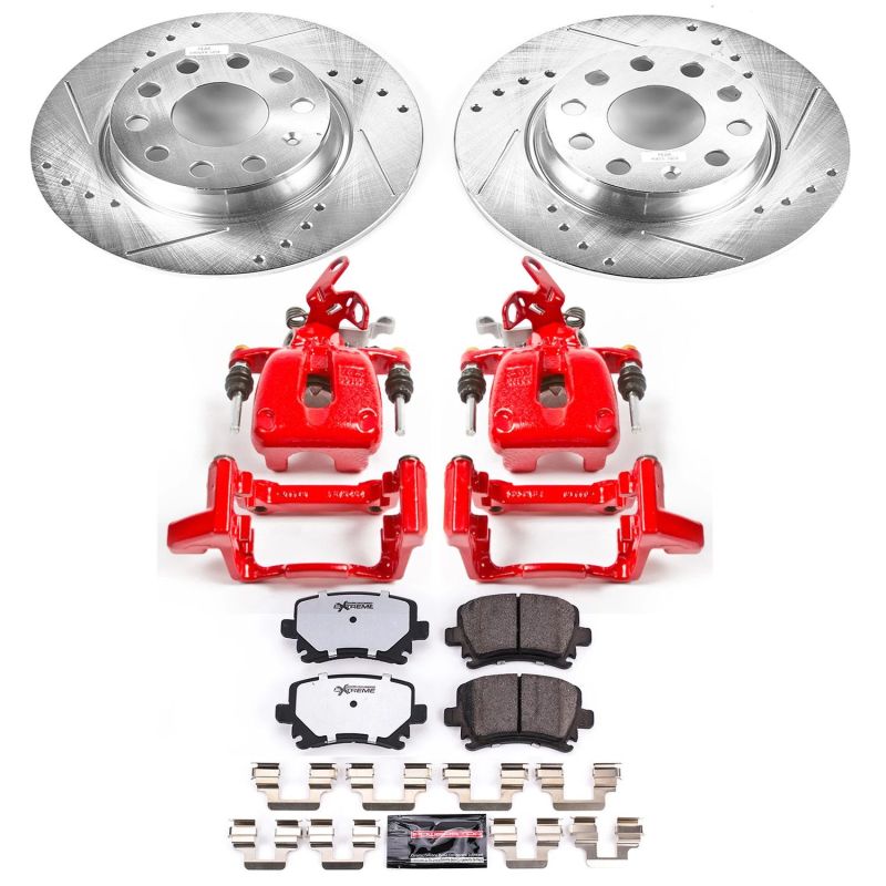 Volkswagen Golf Brake Kit - Rear - PowerStop - Z26 Street Warrior + Drilled/Slotted Rotors + Carbon-Fiber Ceramic Pads + Powder Coated Calipers - Red - 2010