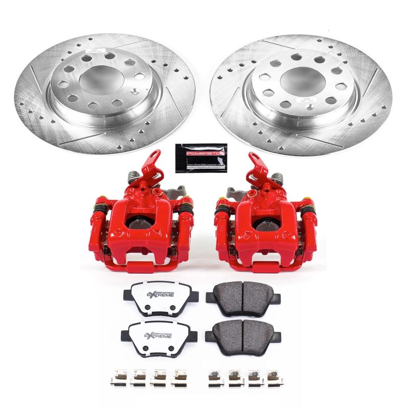 Audi A3 Brake Kit - Rear - PowerStop - Z26 Street Warrior + Drilled & Slotted Rotors + Carbon-Fiber Ceramic Pads + Powder Coated Calipers - Red - `10-`12