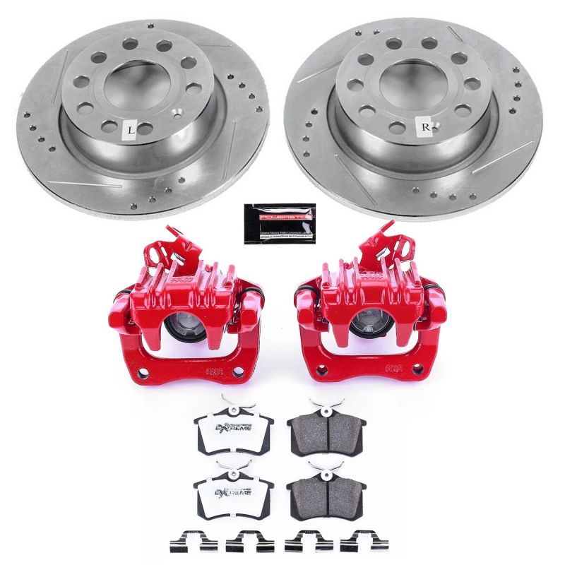 Audi A3 Brake Kit - Rear - PowerStop - Drilled & Slotted Rotors + Carbon-Fiber Ceramic Pads + Powder Coated Calipers - Red - `10-`13