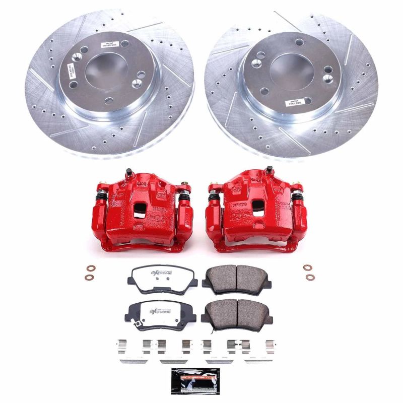 Hyundai Elantra Brake Kit - Front - PowerStop - Drilled & Slotted Rotors + Carbon-Fiber Ceramic Pads + Powder Coated Calipers - Red - `11-`16