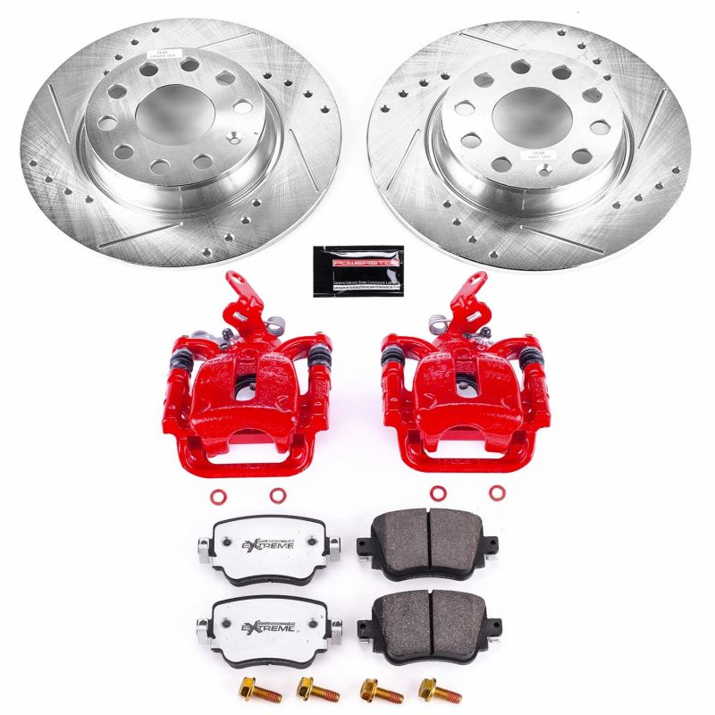 Volkswagen Golf Brake Kit - Rear - PowerStop - Drilled & Slotted Rotors + Carbon-Fiber Ceramic Pads + Powder Coated Calipers - Red - `15-`18