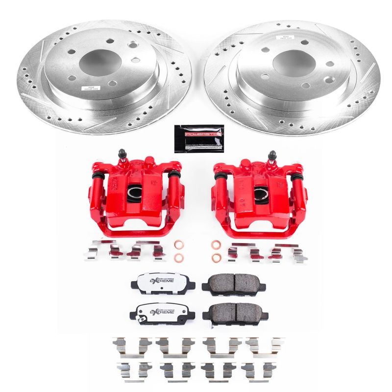 Nissan Rogue Brake Kit - Rear - PowerStop - Drilled & Slotted Rotors + Carbon-Fiber Ceramic Pads + Powder Coated Calipers - Red - `08-`14