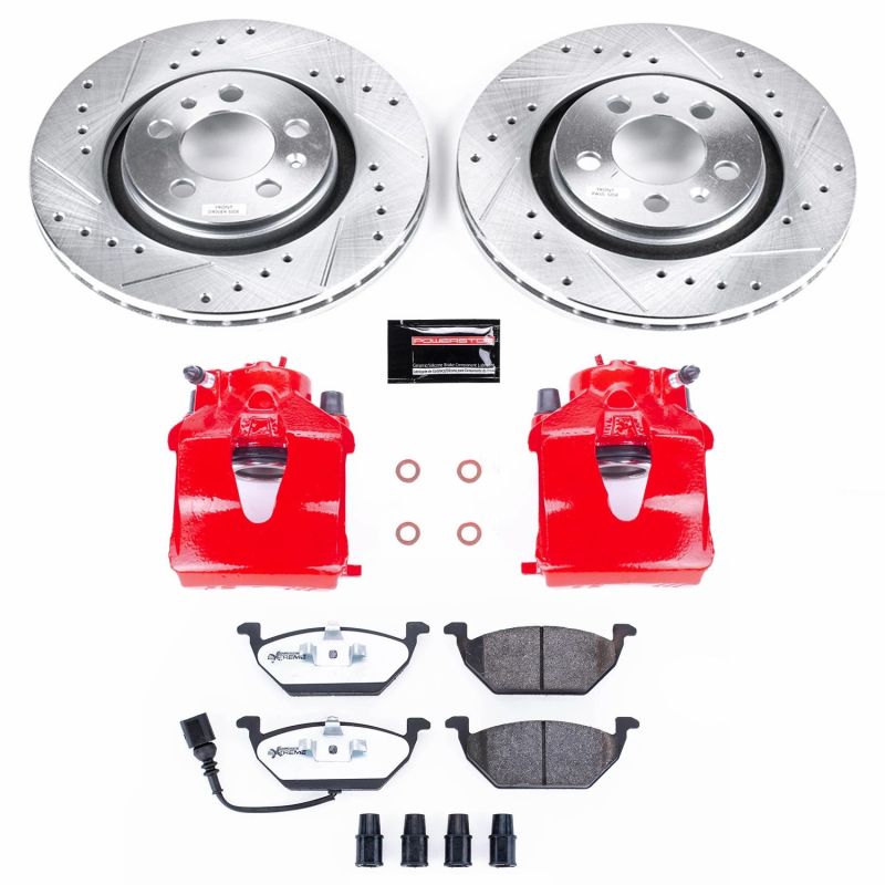 Volkswagen Beetle Brake Kit - Front - PowerStop - Drilled & Slotted Rotors + Carbon-Fiber Ceramic Pads + Powder Coated Calipers - Red - `99-`06