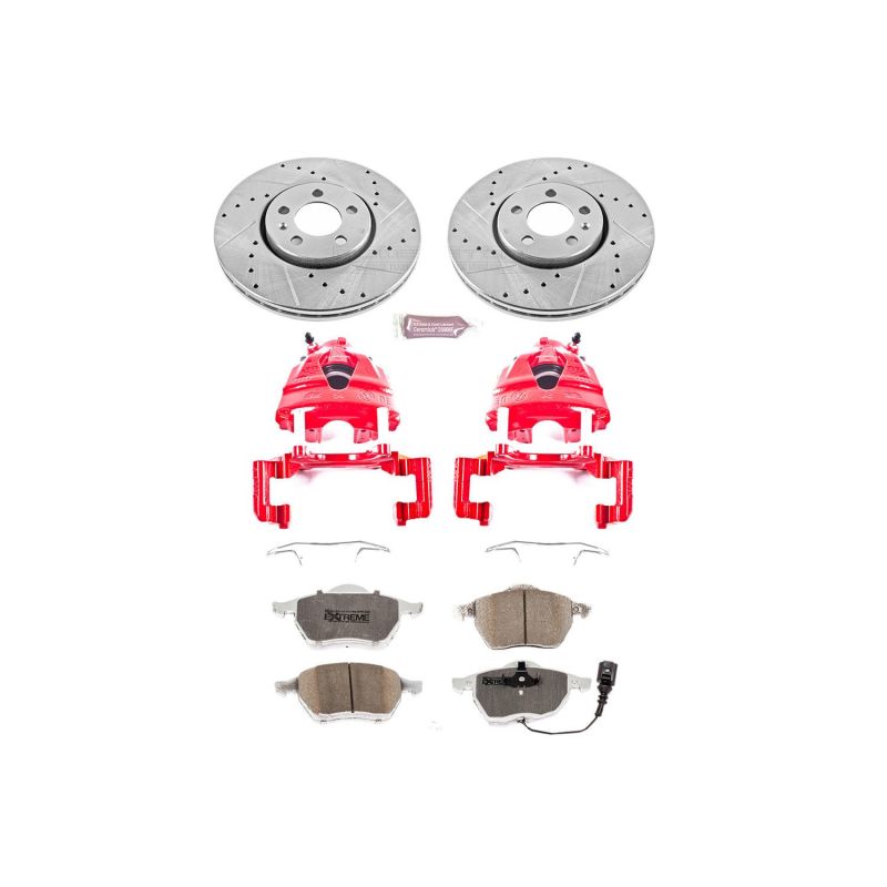 Volkswagen Beetle Brake Kit - Front - PowerStop - Drilled & Slotted Rotors + Carbon-Fiber Ceramic Pads + Powder Coated Calipers - Red - `99-`10