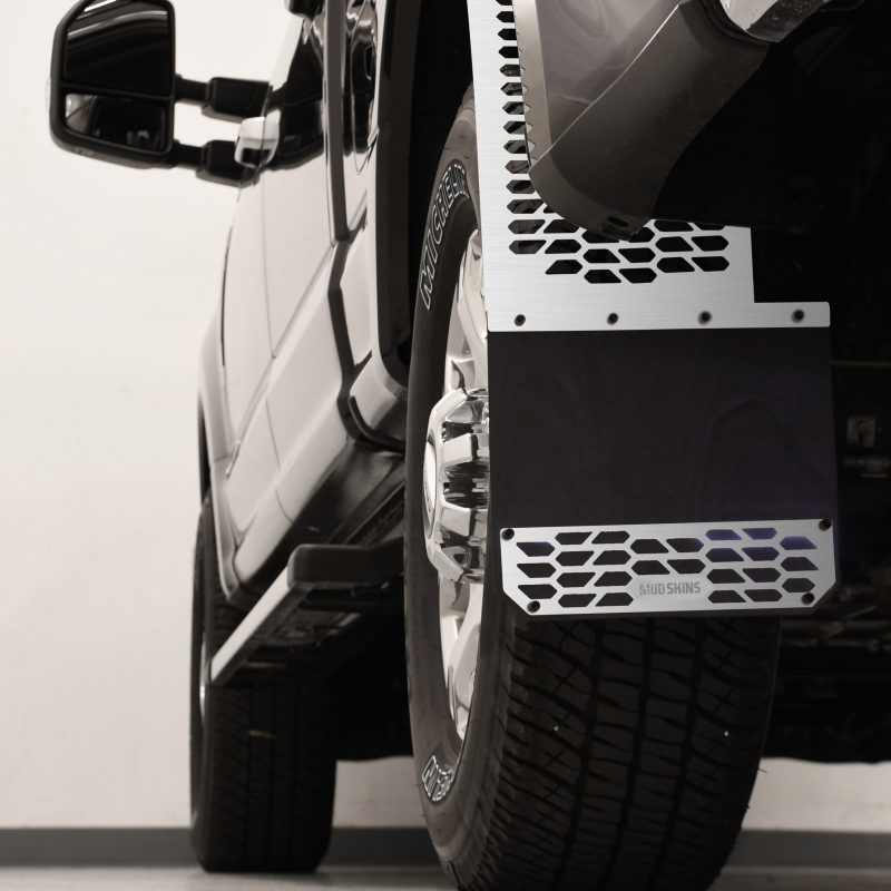 Ford SuperDuty Mud Flaps - Front - Putco - Hex Shield - Brushed Stainless Steel - `17-`22