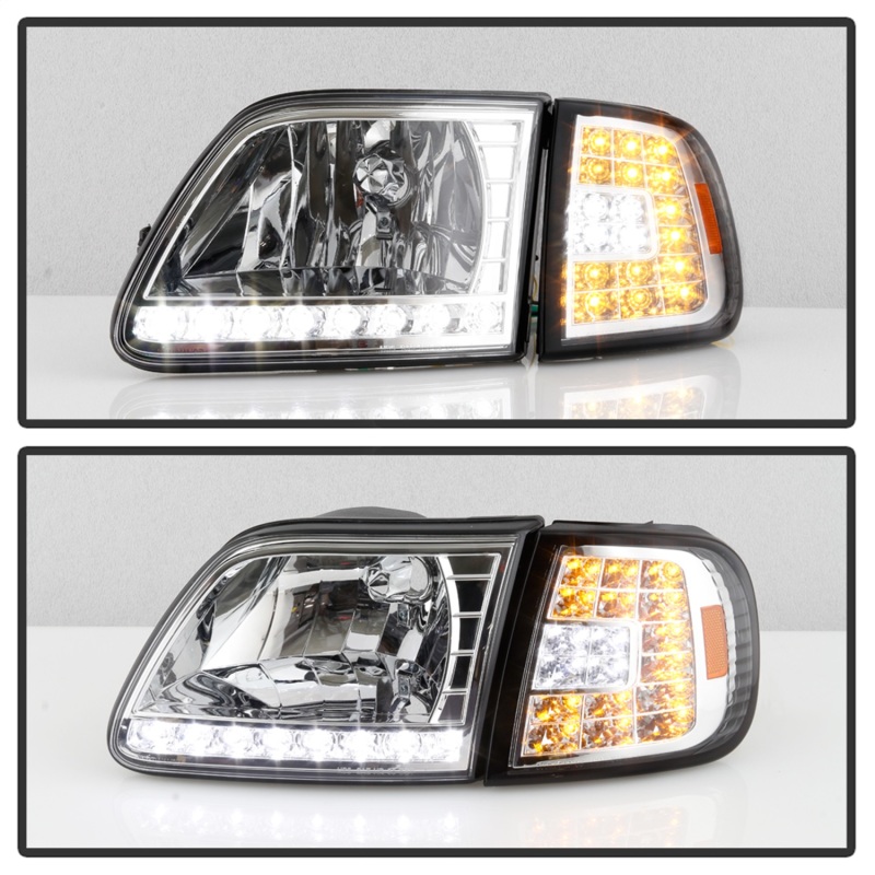 Ford F-150 Headlights - Front - SPYDER - xTune Crystal + Clear LED Corners - Chrome - `97-`03