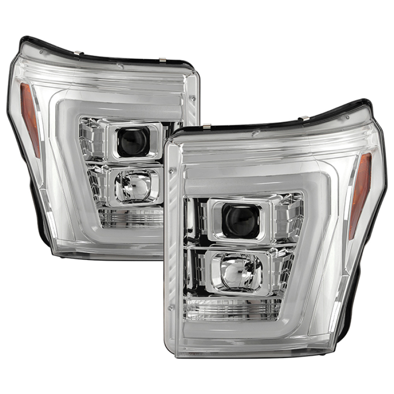 Ford F250 Headlights - SPYDER - Projector, Platinum Series, Version 2, High-Power LED, White Light Bar - Chrome - `11-`16