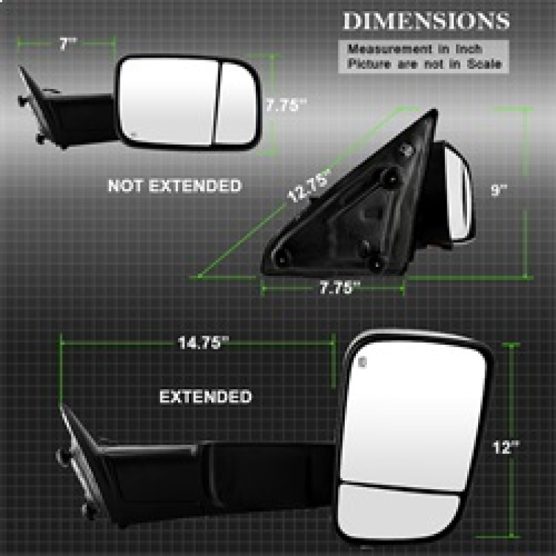 Dodge Ram 1500 Side Mirror - Right - SPYDER - Manual Extendable, Power Heated/Adjustable, LED Turn Signal - Black - `09-`10