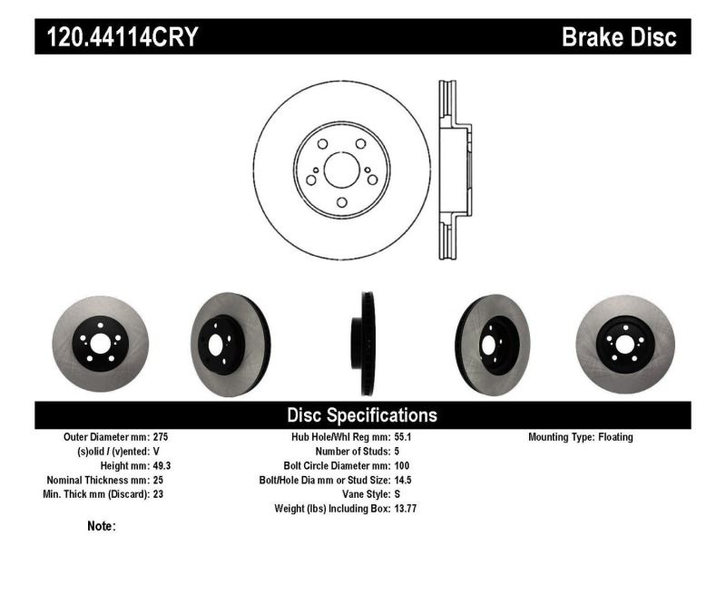Pontiac Vibe Brake Rotors (2) - Front - Stoptech - Premium Cryostop Rotor - Black - `03-`08