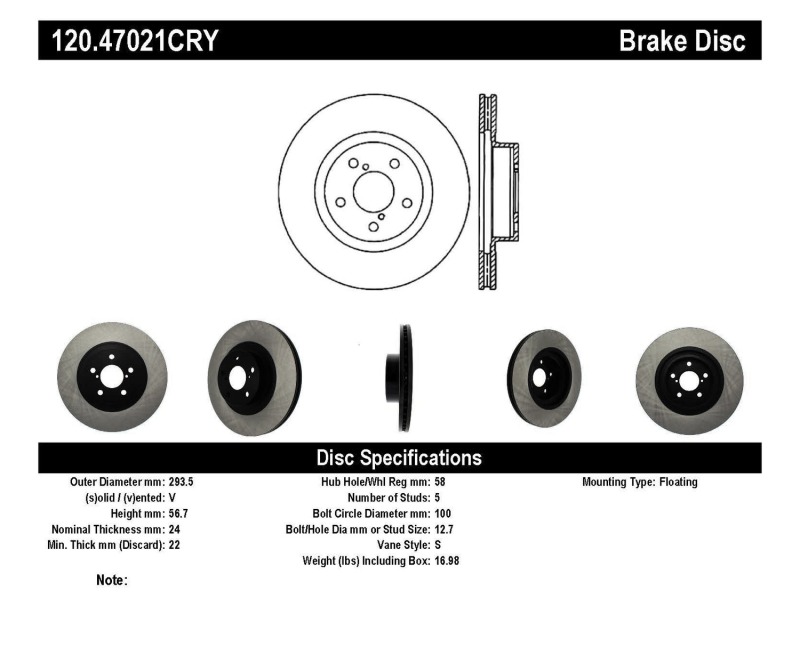 Subaru XV Crosstrek Brake Rotor (1) - Front - Stoptech - Cryostop Performance - `16-`17