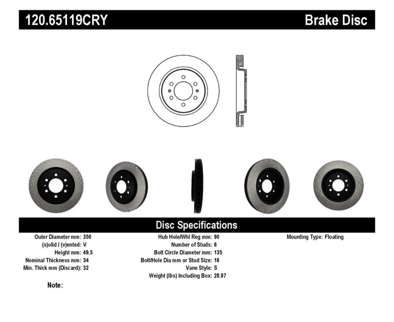 Lincoln Navigator Brake Rotors (1) - Front - Stoptech - Premium Cryostop Rotor - Black - `07-`20