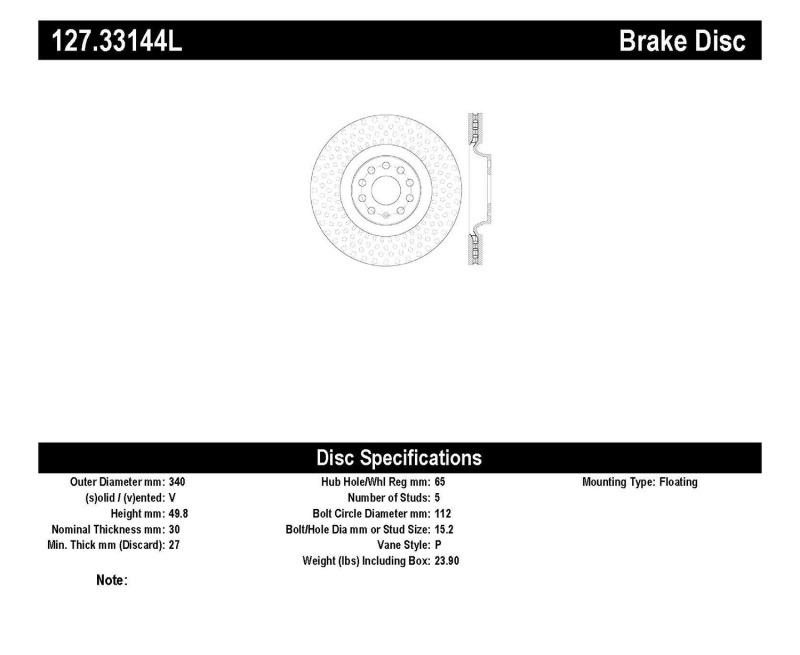 Audi A3 Brake Rotors (1) - Front Left - Stoptech - Drilled & Slotted Sport - Black - 2014