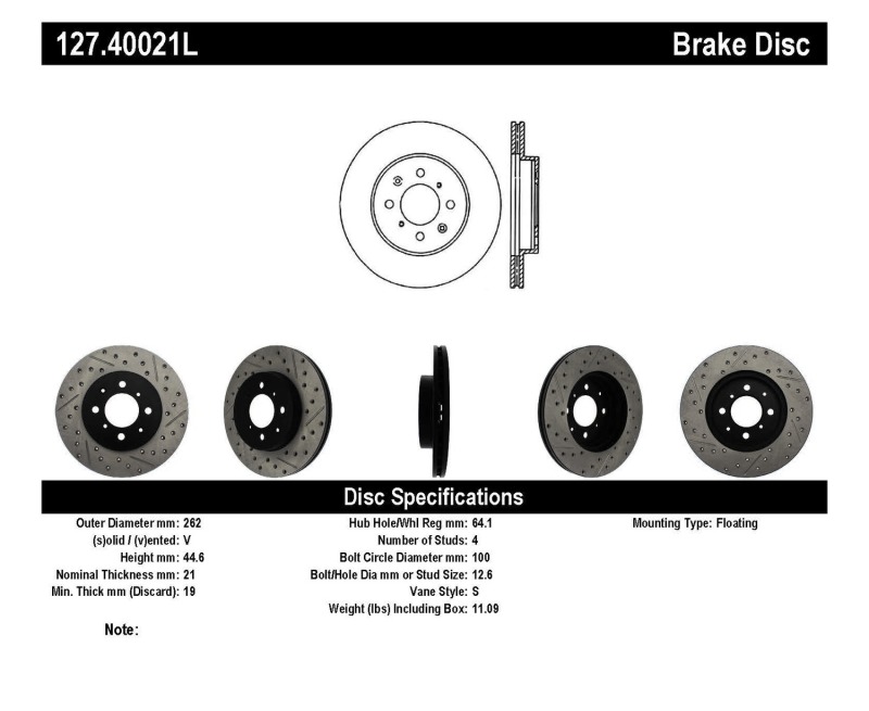 Honda Insight Brake Rotor (1) - Front Left - Stoptech - Drilled/Slotted Rotor - Black - `10-`14