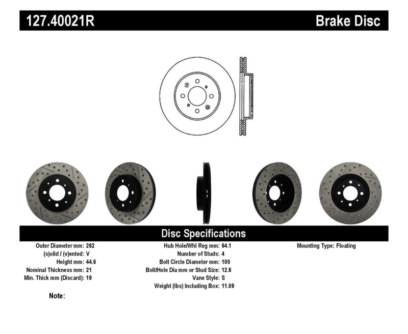 Honda Insight Brake Rotor (1) - Front Right - Stoptech - Drilled & Slotted - Black - `10-`14