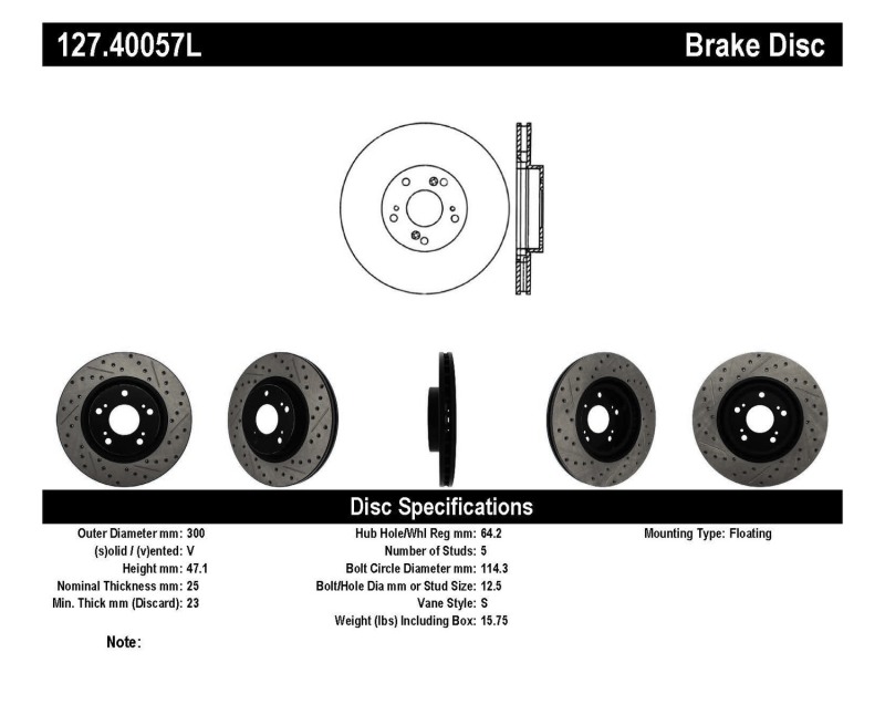 Honda CR-V Brake Rotor(s) (1) - Front Left - Stoptech - Slotted & Drilled - Black - `05-`06
