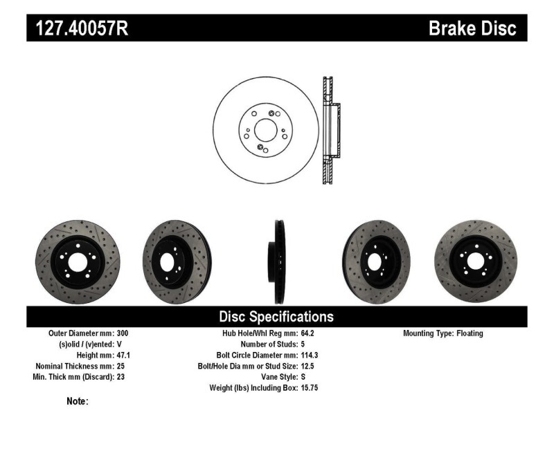 Honda CR-V Brake Rotor (1) - Front Right - Stoptech - Slotted & Drilled - `05-`06