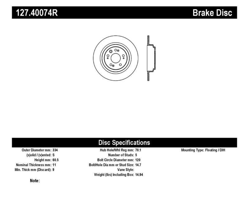 Acura TL Brake Rotors (1) - Rear Right - Stoptech - Drilled & Slotted - `09-`14