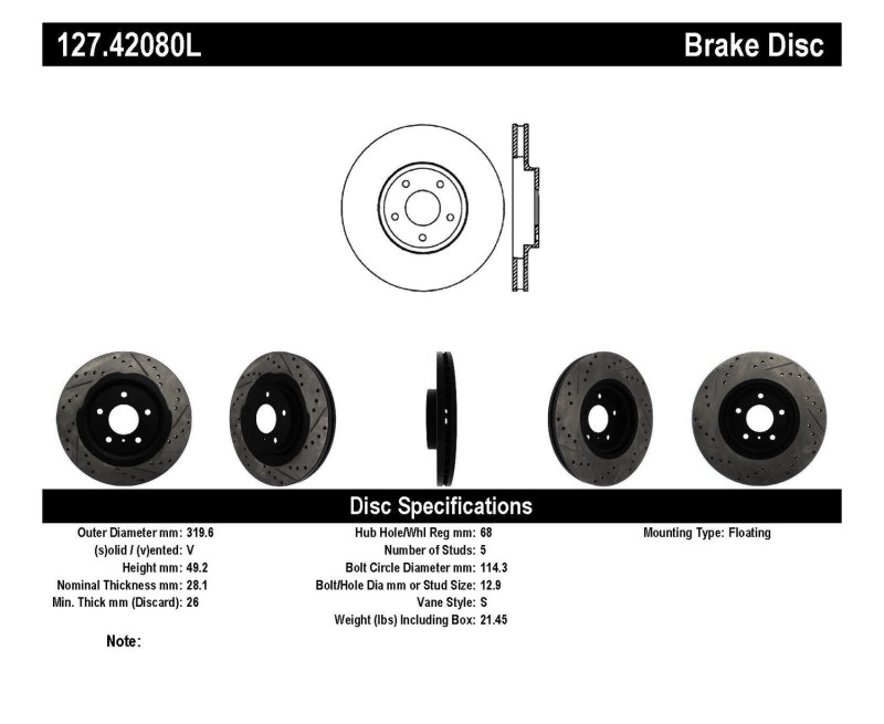 Nissan 370Z Brake Rotor (1) - Front Left - Stoptech - Drilled & Slotted - Black - `09-`19