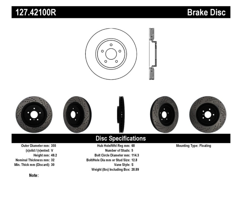 Nissan 370Z Brake Rotor (1) - Front Right - Stoptech - Slotted & Drilled - Black - `09-`19
