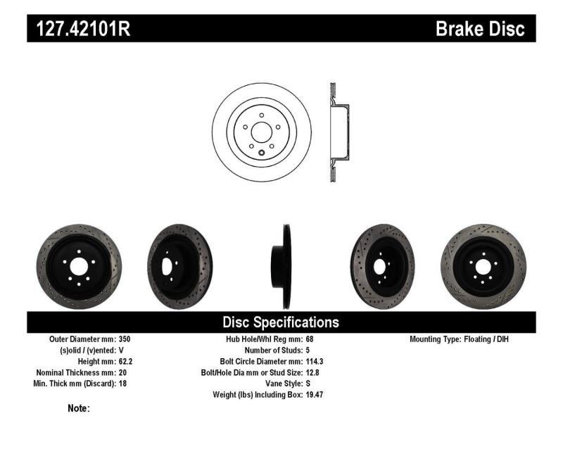 Nissan 370Z Brake Rotor (1) - Rear Right - Stoptech - Slotted & Drilled - `09-`19
