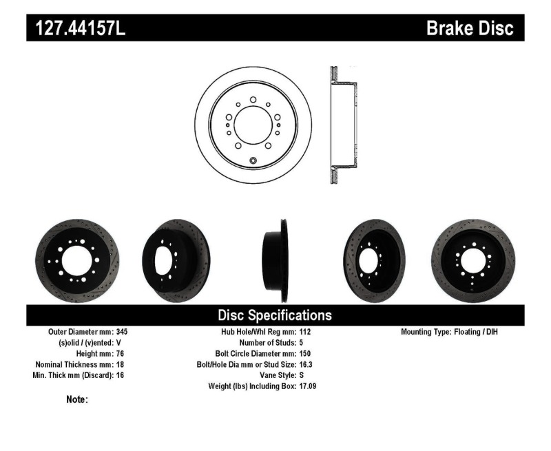 Toyota Land Cruiser Brake Rotors (1) - Rear Left - Stoptech - Drilled & Slotted Sport - Black - `08-`19