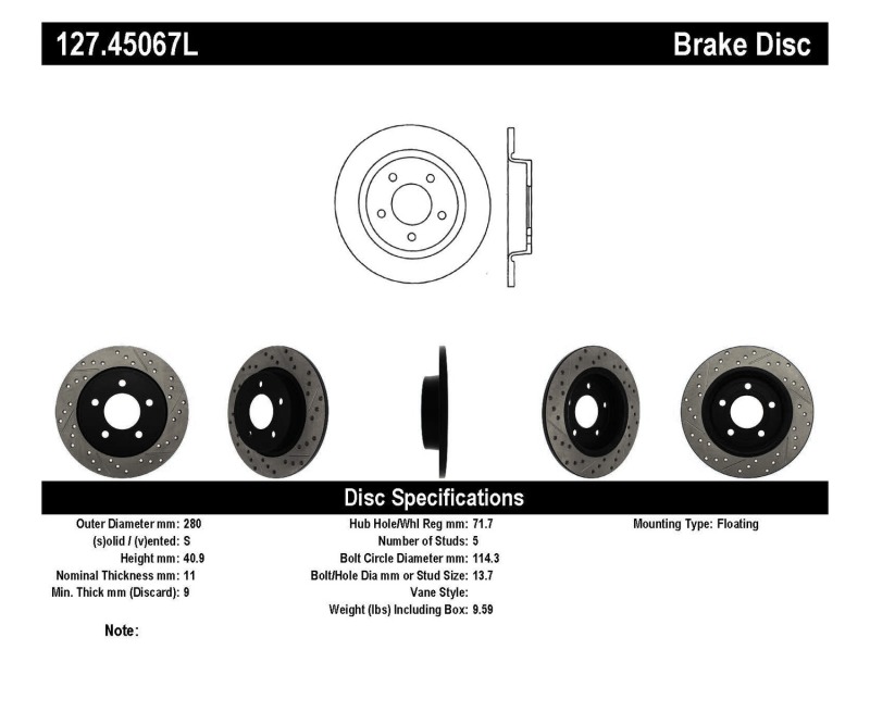 Mazda 3 Sport Brake Rotor (1) - Rear Left - Stoptech - Slotted & Drilled - Black - `12-`13
