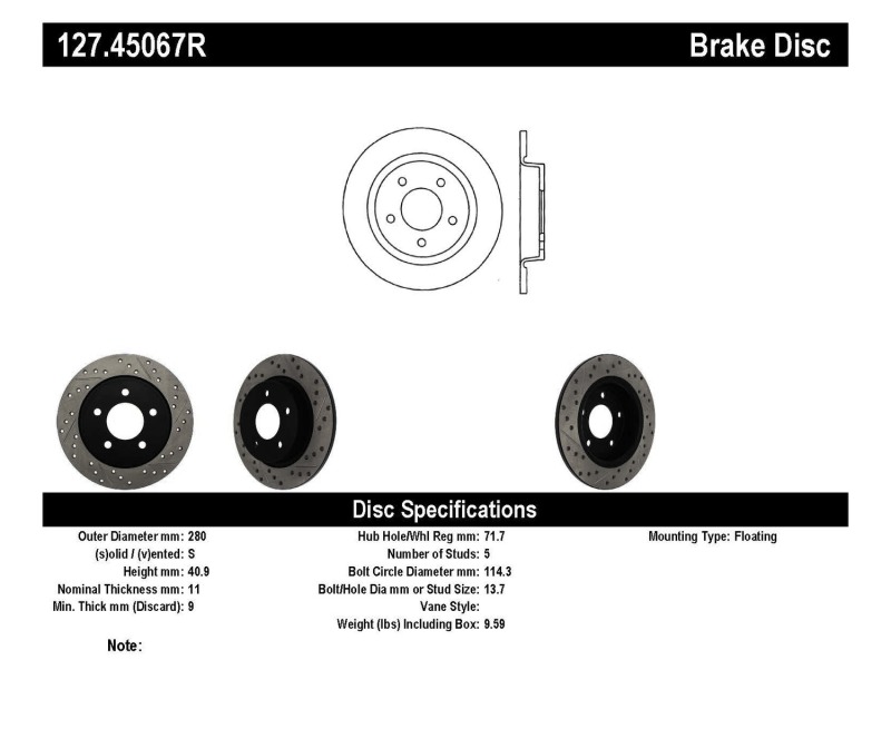Mazda 3 Brake Rotor (1) - Rear Right - Stoptech - Drilled & Slotted - Black - `04-`10
