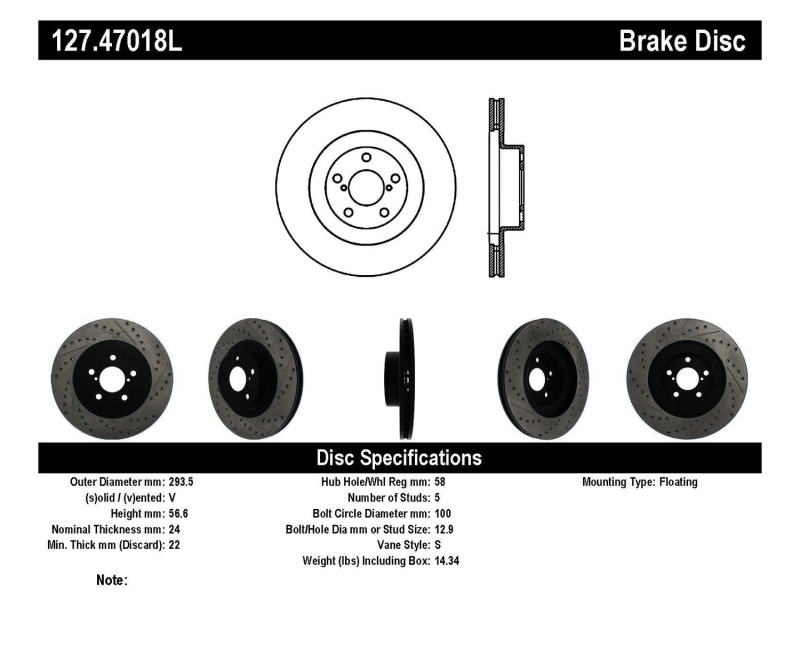 Subaru Baja Brake Rotor (1) - Front Left - Stoptech - Slotted & Drilled - Black E-Coated - `03-`06