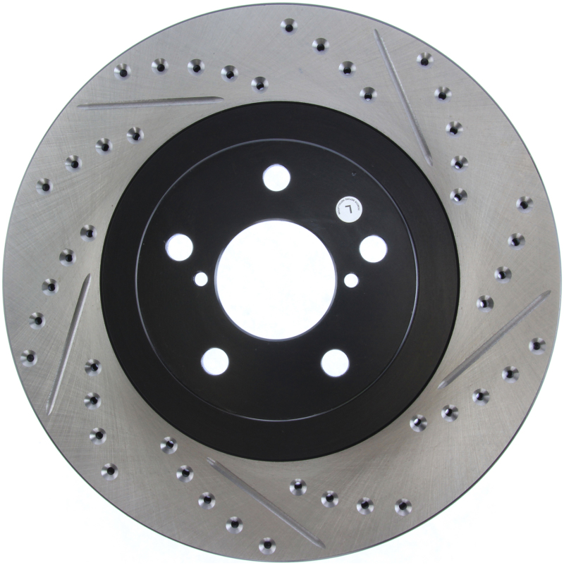 Subaru Baja Brake Rotor (1) - Front Left - Stoptech - Slotted & Drilled - Black E-Coated - `03-`06