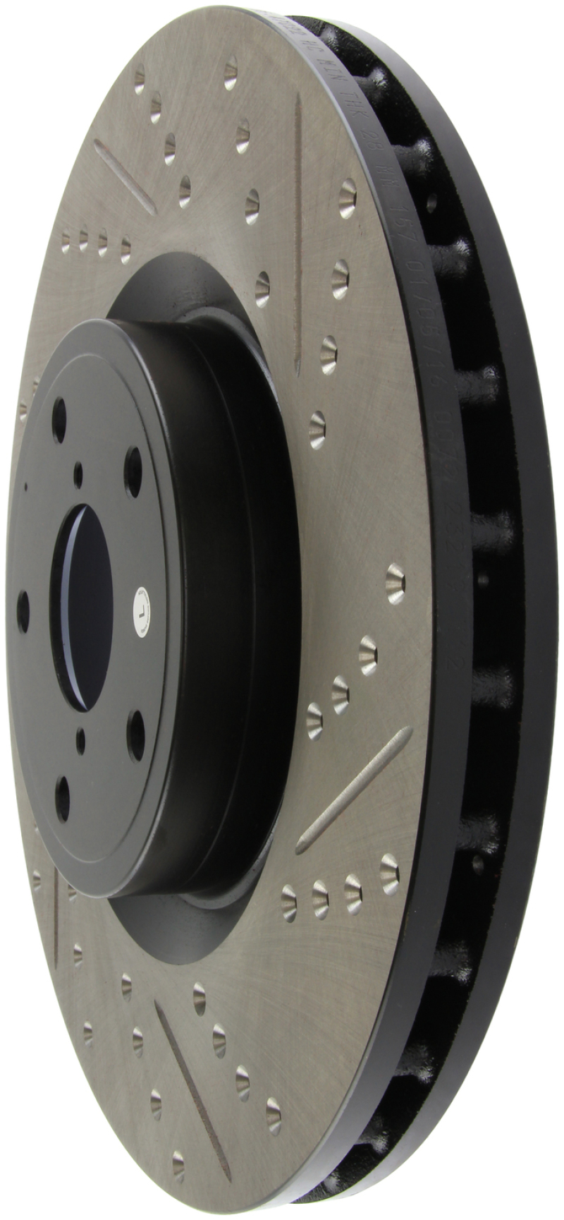 Subaru WRX STI Brake Rotor (1) - Front Left - Stoptech - Slotted & Drilled - Black - `13-`17