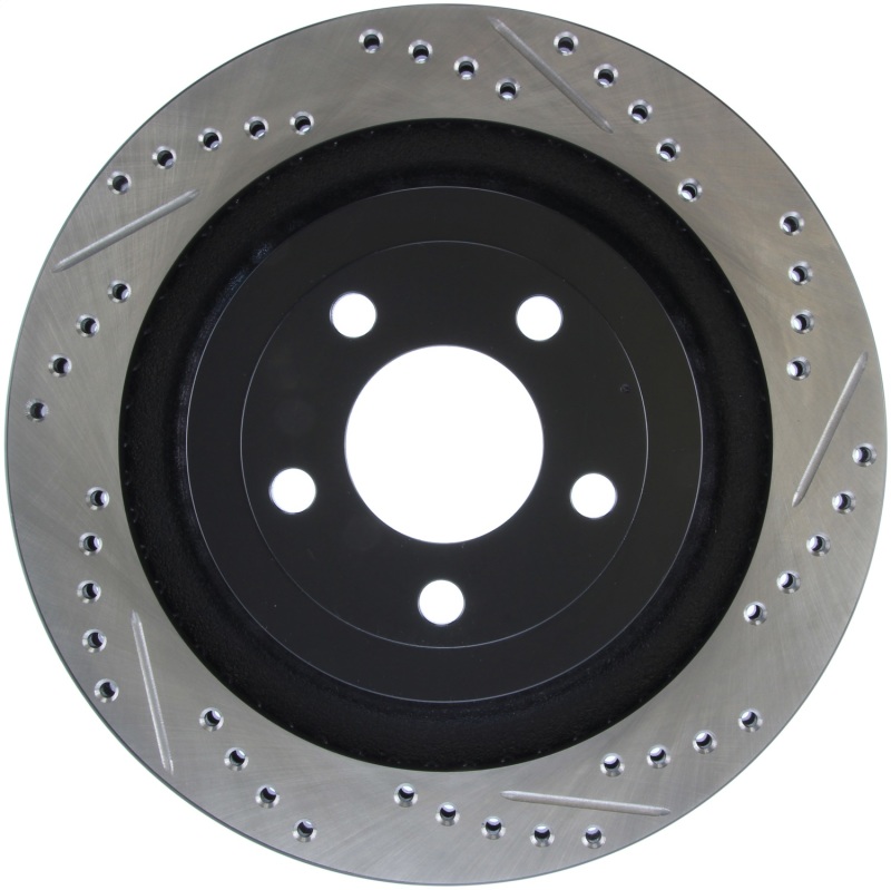 Ford Mustang Brake Rotor (1) - Rear Left - Stoptech - Slotted & Drilled - Black - `15-`20