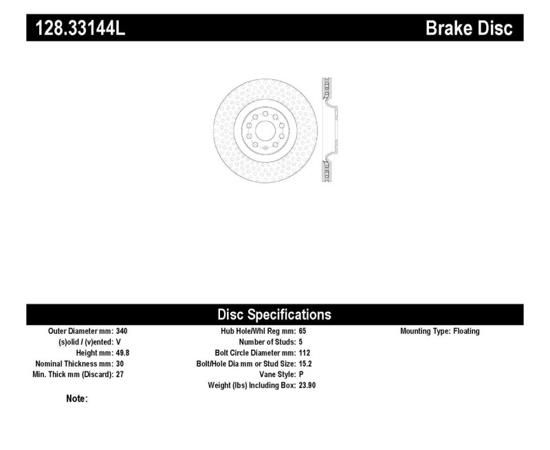 Volkswagen Golf R Brake Rotor (1) - Front Left - Stoptech - Drilled Sport - Black - `15-`19