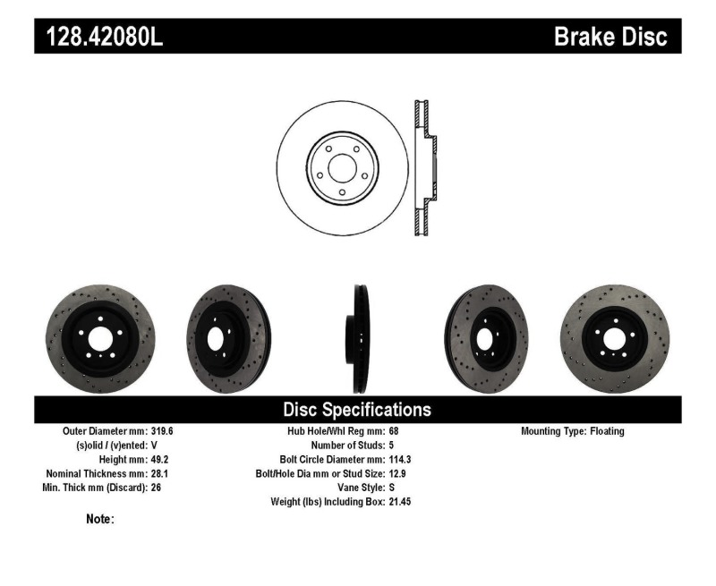 Infiniti FX35 Brake Rotor (1) - Front Left - Stoptech - Drilled Sport - Black E-Coated - `03-`05