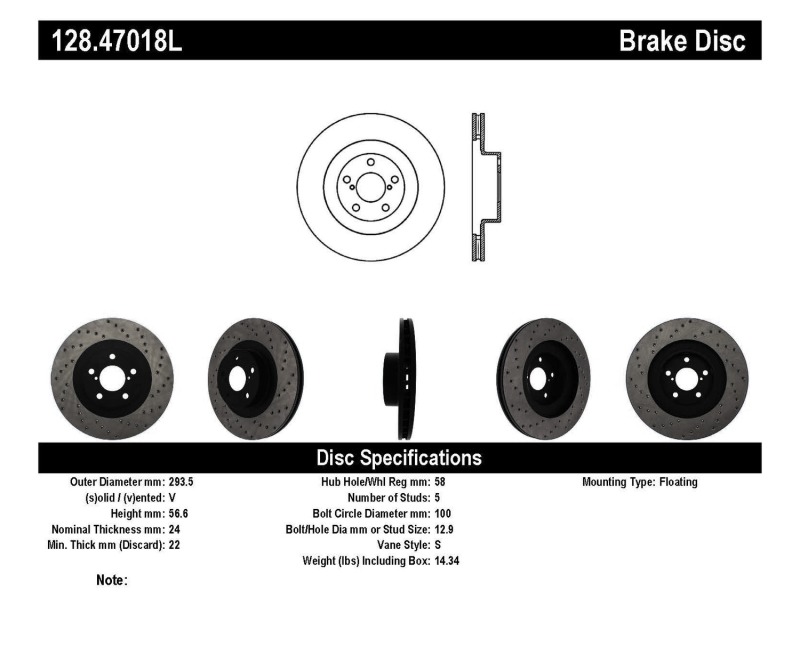 Subaru Baja Brake Rotor (1) - Front Left - Stoptech - Drilled Sport - Black - `03-`06
