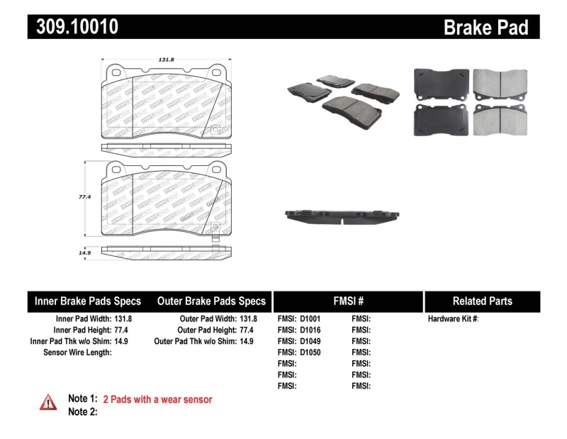 Saab 9-5 Brake Pads - Front - Stoptech - Sport - 2011