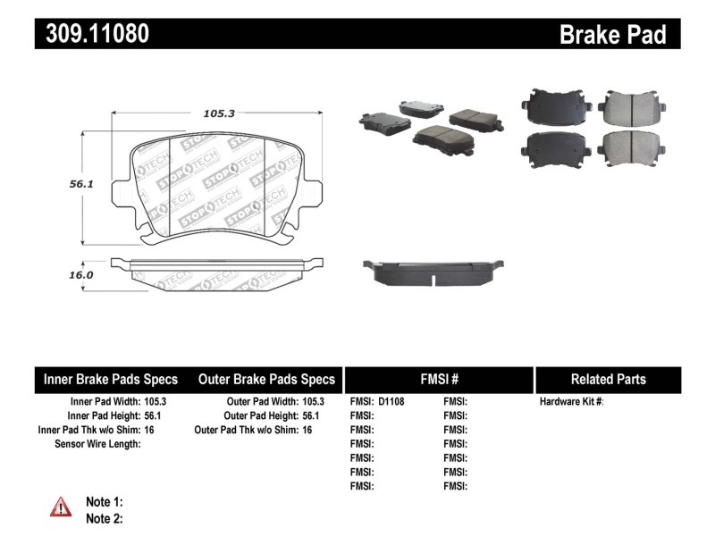 Audi A6 Brake Pads - Stoptech - Sport with Shims and Hardware - `05-`11