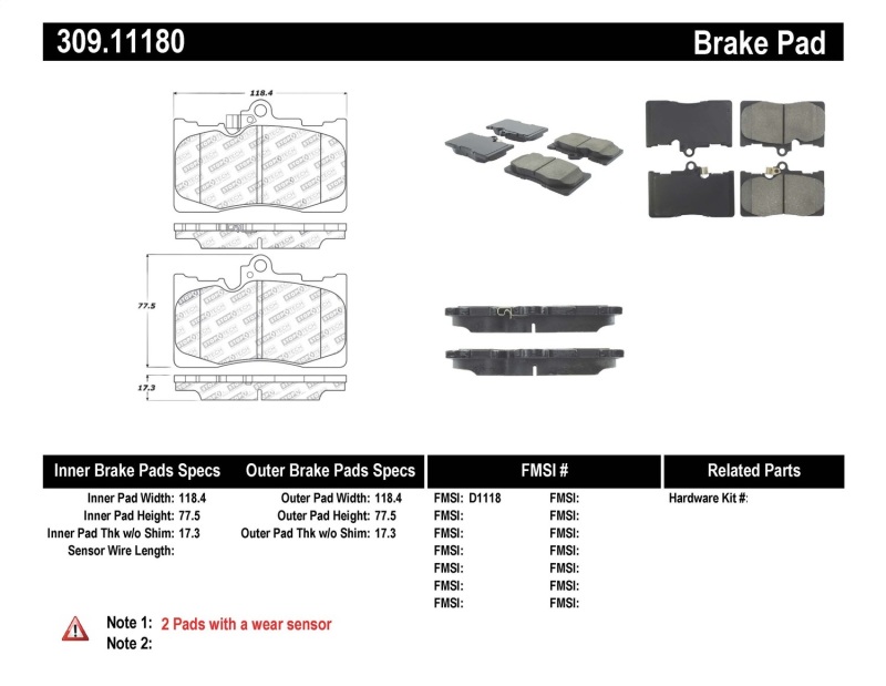 Lexus GS200t Sport Brake Pads - Front - Stoptech - Performance, Para-aramid (Kevlar) composites - `16-`17