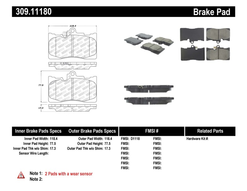 Lexus RC300 Sport Brake Pads - Front - Stoptech - Performance, Para-aramid (Kevlar) composites - `16-`18