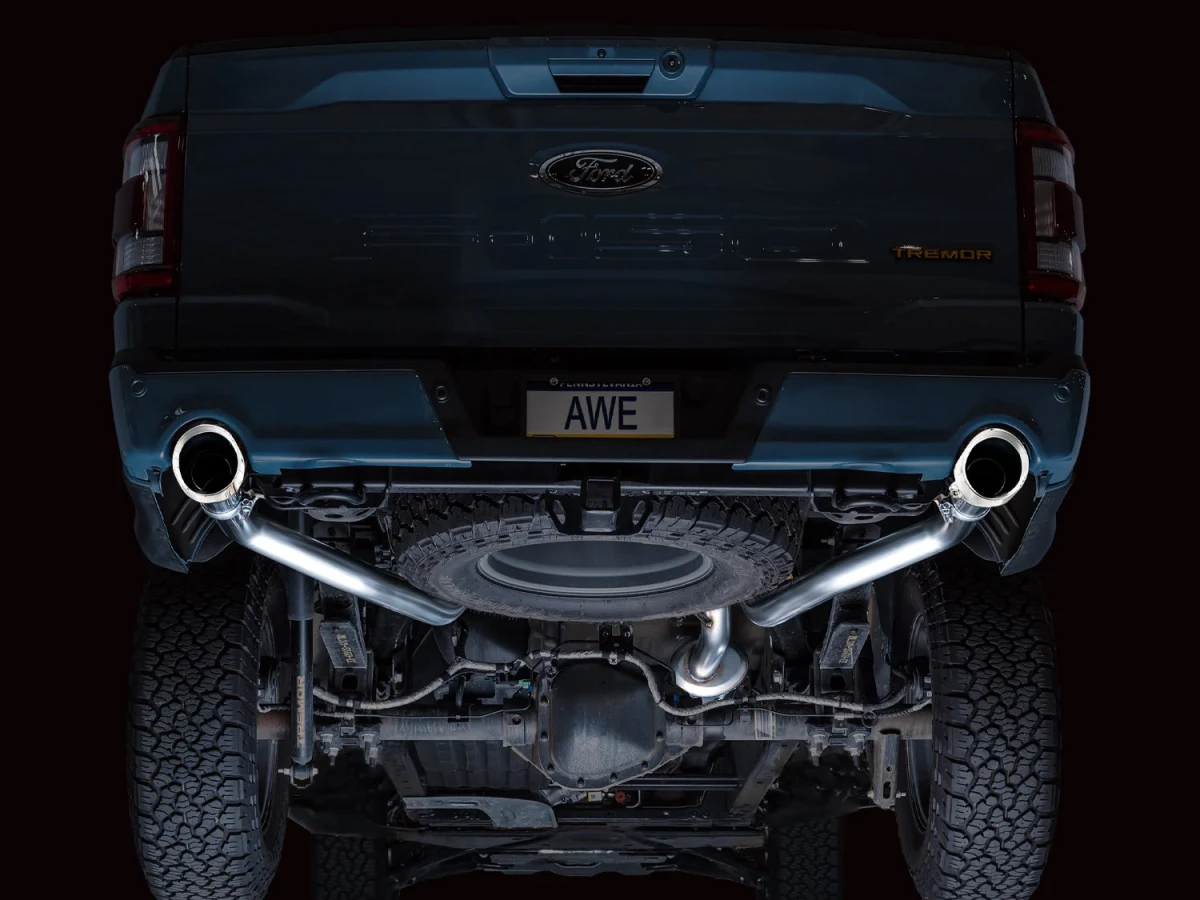Ford F150 Performance Exhaust - AWE Tuning - Cat Back, 0FG Resonated - Chrome Silver Tips - w/ Bumper Cutouts `21-`27