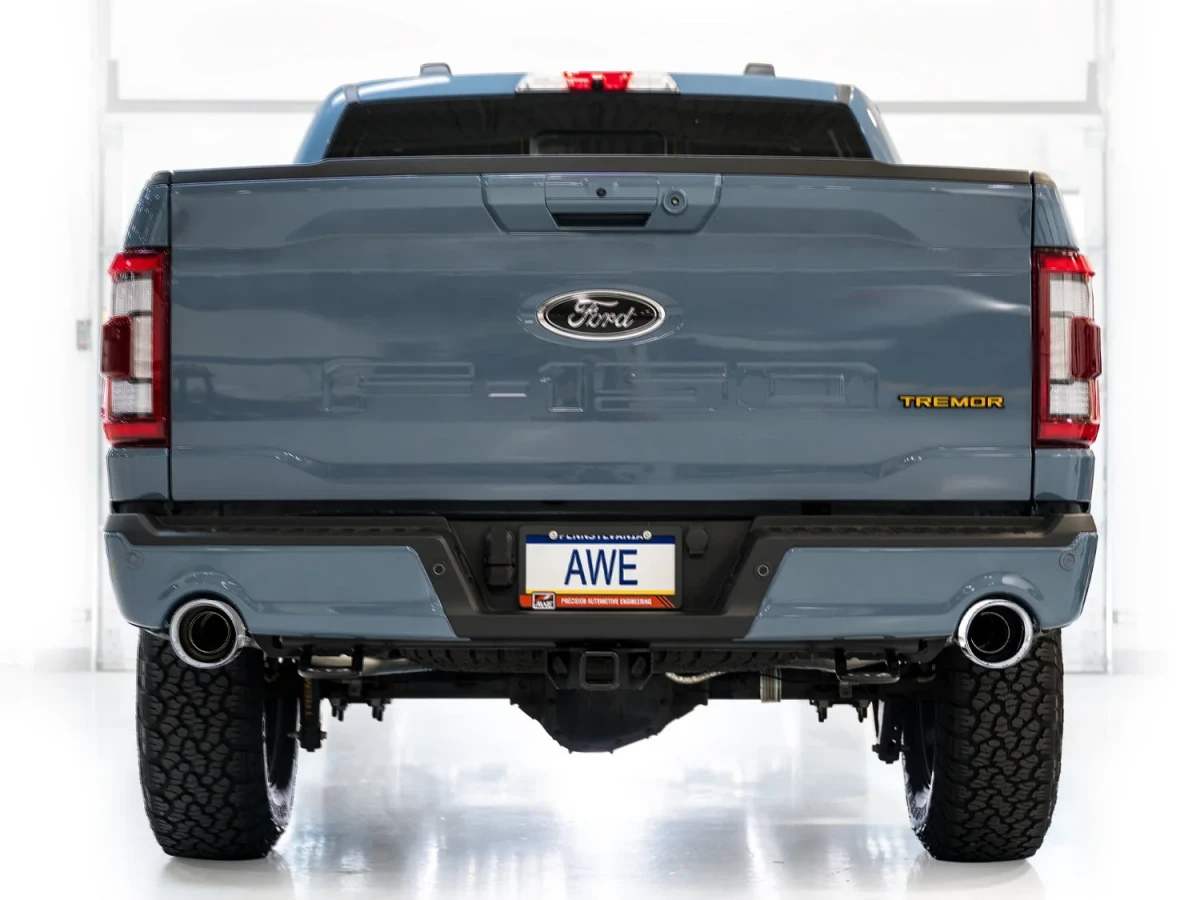 Ford F150 Performance Exhaust - AWE Tuning - Cat Back, 0FG Resonated - Chrome Silver Tips - w/ Bumper Cutouts `21-`27 Ford F150 Performance Exhaust - AWE Tuning - Cat Back, 0FG Resonated - Chrome Silver Tips - w/ Bumper Cutouts `21-`27